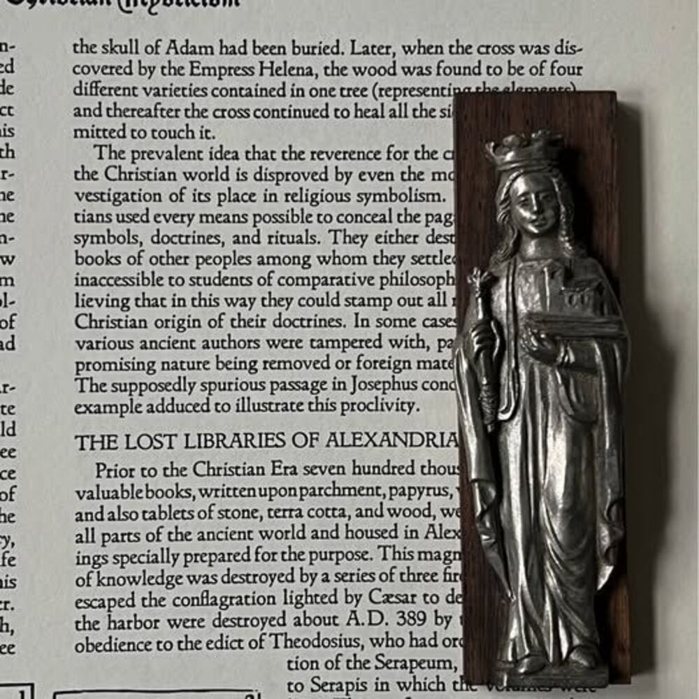 Vintage Metal Religious Statue on Wood Plaque